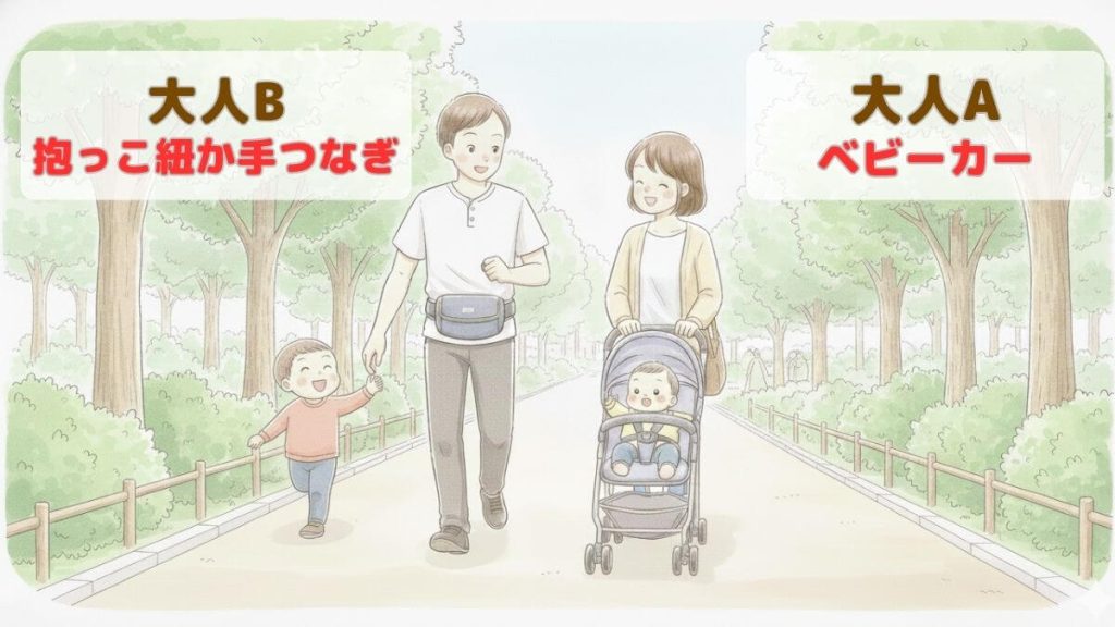 大人2人で年子を連れているイラスト