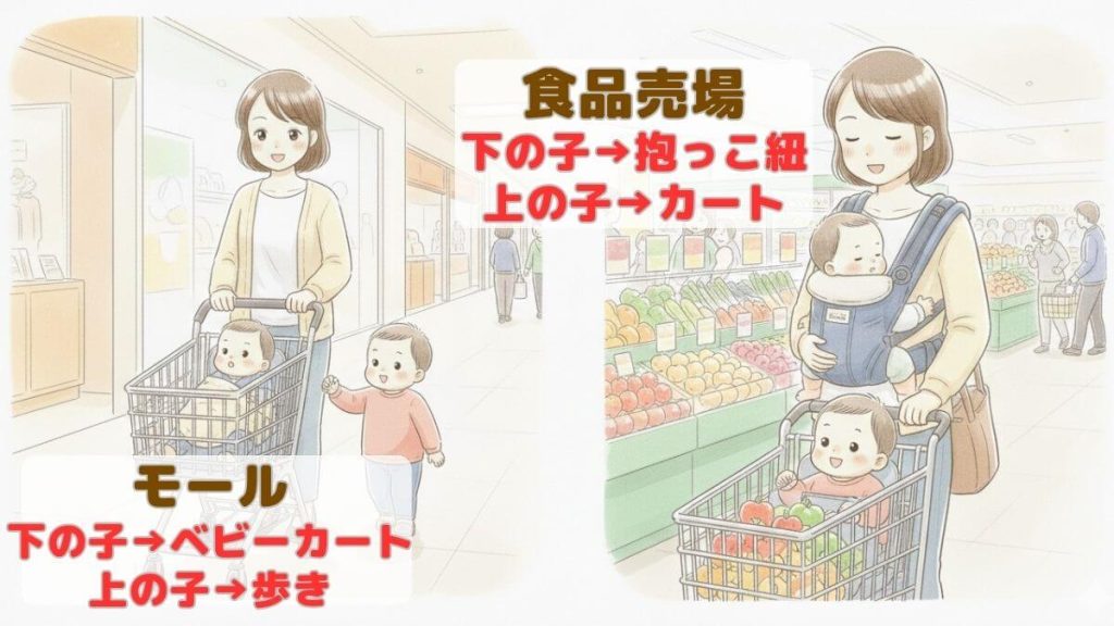 年子で買い物しているイラスト